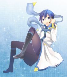 Rule 34 | 1boy, blue eyes, blue hair, blue scarf, boots, coat, headset, kaito (vocaloid), kaito (vocaloid3), kikuchi mataha, looking at viewer, male focus, matching hair/eyes, open mouth, scarf, smile, solo, sparkle, vocaloid