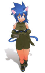 Rule 34 | 1girl, animal ears, blue eyes, blue hair, bodysuit, cat ears, cat tail, elbow gloves, full body, game console, gloves, holding, long hair, personification, sega saturn, shadow, simple background, solo, tail, white background, yoshizaki mine