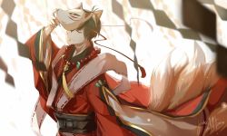 Rule 34 | 10s, 1boy, 2016, alternate eye color, animal ears, artist name, bead necklace, beads, black hair, blurry, closed mouth, dated, depth of field, fingernails, fox ears, fox mask, fox tail, hand up, japanese clothes, jewelry, kimono, kitsune, light particles, long fingernails, long sleeves, looking at viewer, magatama, male focus, mask, mask on head, matsuno osomatsu, multiple tails, necklace, obi, one eye covered, osomatsu-kun, osomatsu-san, phino, red eyes, red kimono, ribbon trim, sash, shide, signature, smile, solo, stole, tail, tassel, upper body, white background, wide sleeves