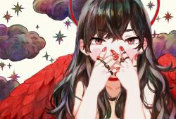 Rule 34 | black hair, blush, choker, cloud, covering own mouth, crossed bangs, halo, jewelry, long hair, looking at viewer, nail polish, original, red eyes, red nails, red wings, ring, star (sky), topless, wavy hair, wings, zinbei