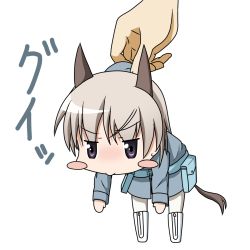 Rule 34 | 1girl, :&gt;, animal ears, bad id, bad pixiv id, bag, blonde hair, blush stickers, boots, chibi, eila ilmatar juutilainen, highres, military, military uniform, norayinu, pantyhose, purple eyes, satchel, strike witches, tail, uniform, world witches series