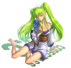 Rule 34 | 1girl, alternate costume, alternate hairstyle, arm support, bare legs, bare shoulders, barefoot, blush, breasts, c.c., character name, cleavage, closed mouth, code geass, coldrim, collarbone, commentary request, copyright name, full body, green hair, green ribbon, hair ribbon, hand fan, holding, holding fan, japanese clothes, kimono, long hair, long sleeves, looking at viewer, medium breasts, obi, off shoulder, paper fan, ribbon, sash, shiny skin, sidelocks, sitting, smile, solo, twintails, uchiwa, wrist cuffs, yellow eyes, yokozuwari