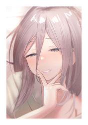 Rule 34 | 1girl, alternate costume, alternate hairstyle, blush, border, brown eyes, brown hair, commentary request, grin, hair between eyes, hair down, half-closed eyes, hand to own mouth, highres, kantai collection, long hair, looking at viewer, messy hair, nose blush, off shoulder, pajamas, sakieko, smile, smug, solo, upper body, v, waking up, white border, zuihou (kancolle)