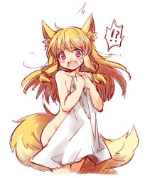 Rule 34 | !?, 00tea, 1girl, animal ears, blush, covering privates, embarrassed, fox ears, fox tail, long hair, nude, nude cover, open mouth, simple background, solo, tail, tears, white background