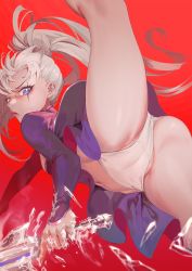 Rule 34 | 1girl, ass, blue eyes, flexible, frozen, highres, holding, holding sword, holding weapon, ice, leg lift, leg up, long hair, long sleeves, looking at viewer, navel, panties, partially visible vulva, ponytail, rapier, rwby, scar, scar across eye, scar on face, side ponytail, split, standing, standing on one leg, standing split, sword, underwear, wangxiii, weapon, weiss schnee, white hair, white panties