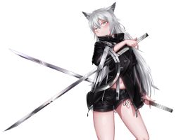 Rule 34 | 1girl, absurdres, animal ears, arknights, black jacket, black shorts, blush, commentary, cowboy shot, grey eyes, hair between eyes, high collar, highres, holding, holding sword, holding weapon, jacket, kafu (kafu6416), lappland (arknights), long hair, long sleeves, looking at viewer, navel, scar, scar across eye, short shorts, shorts, silver hair, simple background, solo, standing, sword, thighs, very long hair, weapon, white background, wolf ears