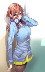 Rule 34 | 1girl, black pantyhose, blue cardigan, blue eyes, breasts, brown hair, cardigan, closed mouth, cowboy shot, go-toubun no hanayome, green skirt, hair between eyes, hand on own face, headphones, headphones around neck, highres, large breasts, long hair, long sleeves, looking at viewer, nakano miku, pantyhose, pleated skirt, shirt, skirt, smile, solo, standing, white shirt, yappen