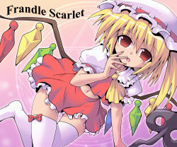 Rule 34 | 1girl, blonde hair, character name, fang, female focus, flandre scarlet, gradient background, hat, kurogarasu, magic circle, navel, red eyes, skirt, solo, thighhighs, touhou, wings