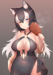 Rule 34 | 1girl, :t, akuma (st.takuma), animal ears, black dress, black hair, blue eyes, blush, breasts, cleavage, cleavage cutout, clothing cutout, collarbone, dress, eating, food, gradient background, grey wolf (kemono friends), heterochromia, highres, kemono friends, large breasts, looking at viewer, multicolored hair, o-ring, solo, two-tone hair, white hair, wolf ears, wolf girl, yellow eyes