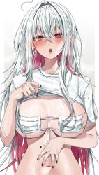 Rule 34 | 1girl, absurdres, ahoge, antenna hair, blush, breasts, clothes lift, colored inner hair, hand on own stomach, hands on own stomach, heart, heart ahoge, heart antenna hair, heart hair, heterochromia, highres, large breasts, lifted by self, looking at viewer, mask, mask bikini, midriff, mole, mole on neck, mouth mask, multicolored hair, nail polish, navel, navel focus, original, pink hair, red eyes, shirt lift, solo, spread navel, surgical mask, two-tone hair, vitaminechan, vivi (vitaminechan), white hair, yellow eyes