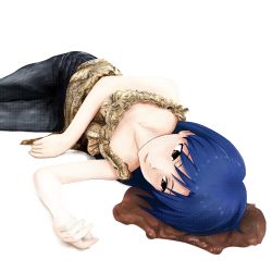 Rule 34 | 1girl, album cover, blood, blouse, blue hair, brown eyes, cover, denim, expressionless, flat chest, highres, idolmaster, idolmaster (classic), jeans, kisaragi chihaya, long hair, lying, on side, pants, parody, shirt, simple background, solo, white background