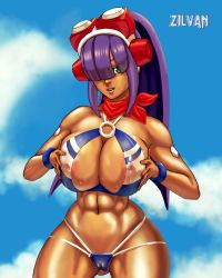 Rule 34 | 1girl, abs, alternate ass size, alternate body size, alternate breast size, android, areola slip, bikini, blue sky, blunt bangs, blush, bracelet, breasts, cameltoe, cleft of venus, cloud, cowboy shot, curvy, dark-skinned female, dark skin, dialogue box, dripping, facing viewer, fingernails, green eyes, hair over one eye, headband, high ponytail, highleg, highleg bikini, highres, jewelry, joints, large breasts, layer (mega man), lips, long hair, looking at viewer, mega man (series), mega man x (series), mega man x dive, nail polish, navel, nipples, outdoors, parted lips, purple hair, red nails, robot ears, scarf, sky, smile, solo, standing, swimsuit, thick thighs, thighs, toned, underboob, wet, wide hips, zilvan
