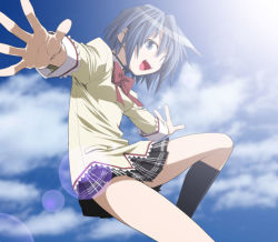 Rule 34 | 10s, 1girl, :d, bad id, bad pixiv id, blue eyes, blue hair, cloud, day, jumping, kneehighs, lens flare, mahou shoujo madoka magica, mahou shoujo madoka magica (anime), miki sayaka, open mouth, outstretched arms, outstretched hand, plaid, plaid skirt, school uniform, short hair, skirt, sky, smile, socks, solo, spread arms, sun, trill (triludan)