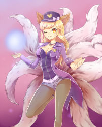 Rule 34 | 1girl, ;), ahri (league of legends), alternate costume, alternate hair color, alternate hairstyle, animal ears, bad id, bad pixiv id, belt, blonde hair, bow, breasts, cleavage, cosplay, dated, energy ball, epaulettes, facial mark, foreshortening, fox ears, fox tail, girls&#039; generation, glowing, gradient background, grey pantyhose, hat, hat bow, heart, heart necklace, highres, jacket, jewelry, keichan, large breasts, league of legends, leg up, pantyhose under shorts, light smile, looking at viewer, magic, multiple tails, necklace, one eye closed, open clothes, open jacket, outstretched arm, pantyhose, peaked cap, pink background, popstar ahri, purple background, shiny clothes, short shorts, shorts, signature, smile, solo, tail, whisker markings, wink, yellow eyes, zipper