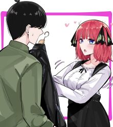 Rule 34 | 1boy, 1girl, alternate costume, antenna hair, black hair, black skirt, blue eyes, blunt bangs, blush, breasts, butterfly hair ornament, casual, center frills, commentary, eyebrows hidden by hair, eyelashes, frills, from side, go-toubun no hanayome, green jacket, hair ornament, hand up, heart, hetero, high-waist skirt, highres, jacket, large breasts, long sleeves, looking at another, mame1645, medium hair, motion lines, nakano nino, open mouth, profile, red hair, shirt, short hair, simple background, skirt, suspender skirt, suspenders, sweatdrop, trying on clothes, two side up, uesugi fuutarou, white background, white shirt