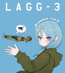 Rule 34 | 1girl, aircraft, airplane, aqua hair, artist name, atamonica, blue background, blue eyes, blush, commentary, dated, english commentary, expressionless, green hoodie, highres, hood, hoodie, inabakumori, lag train (vocaloid), lagg-3, medium hair, original, personification, pun, solo, speech bubble, vocaloid