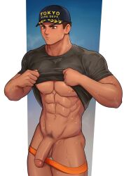 Rule 34 | 1boy, abs, absurdres, bara, bare pectorals, black hair, black shirt, closed mouth, clothes lift, erection, highres, large pectorals, male focus, male pubic hair, male underwear, male underwear pull, mikicat, muscular, muscular male, navel, nipples, orange male underwear, original, pectorals, penis, pubic hair, shirt, shirt lift, short hair, solo, testicles, underwear