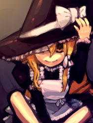 Rule 34 | 1girl, apron, blonde hair, bow, closed mouth, female focus, hajimenimodoru, hat, hat bow, kirisame marisa, long sleeves, looking at viewer, side ponytail, sitting, solo, touhou, white bow, witch hat, yellow eyes