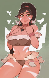 Rule 34 | 1girl, absurdres, bare shoulders, bodypaint, breasts, cleavage, closed mouth, cowboy shot, facepaint, frills, green eyes, highres, jewelry, league of legends, long hair, looking to the side, navel, necklace, nidalee, outline, ponytail, smile, splashbrush, tribal, very long hair, white outline