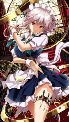Rule 34 | 1girl, apron, between fingers, blue dress, braid, breasts, cleavage, clock, cowboy shot, curtains, dress, dutch angle, frilled sleeves, frills, highres, holding, holding knife, indoors, izayoi sakuya, knife, knives between fingers, leg belt, lips, lipstick, looking at viewer, maid, maid headdress, makeup, medium breasts, monety, puffy short sleeves, puffy sleeves, red eyes, shirt, short dress, short hair, short sleeves, silver hair, solo, stairs, touhou, twin braids, unbuttoned, unbuttoned shirt, waist apron, weapon, white shirt, window