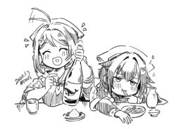 Rule 34 | 2girls, bandana, bottle, braid, braided hair rings, choko (cup), chougei (kancolle), closed eyes, commentary request, cup, eating, food, greyscale, hair ornament, hair over shoulder, hair rings, hairclip, heart, heart in mouth, jingei (kancolle), kantai collection, kirisawa juuzou, long hair, monochrome, multiple girls, sake bottle, shawl, twin braids, upper body, whale