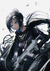 Rule 34 | 1girl, absurdres, animification, apex legends, assault rifle, belt, black bodysuit, black scarf, blue eyes, bodysuit, breasts, brown belt, floating scarf, gun, hair behind ear, hair bun, highres, holding, holding gun, holding weapon, looking to the side, medium breasts, r-301 carbine, rifle, scarf, single hair bun, solo, tada no koukousei, weapon, wraith (apex legends)