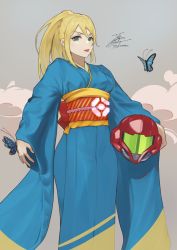 Rule 34 | 1girl, blonde hair, blue butterfly, blue kimono, bug, butterfly, commentary, fadingz, green eyes, grey background, unworn headwear, helmet, unworn helmet, highres, insect, japanese clothes, kimono, lips, long hair, long sleeves, metroid, mole, mole under mouth, nintendo, obi, parted lips, ponytail, samus aran, sash, signature, solo, v-shaped eyebrows