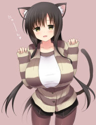Rule 34 | 1girl, animal ears, black hair, blush, breasts, buttons, casual, cat ears, cat tail, cowboy shot, green eyes, huge breasts, hyuuga takashi, iwato kasumi, jacket, long hair, long sleeves, looking at viewer, pantyhose, parted lips, saki (manga), shorts, sleeves past wrists, smile, solo, standing, sweater, tail, very long hair