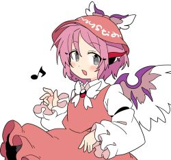 Rule 34 | 1girl, animal ears, bird ears, bird wings, blush, brown dress, brown hat, dress, earrings, eighth note, frilled dress, frilled sleeves, frills, grey eyes, hat, ini (inunabe00), jewelry, long sleeves, musical note, mystia lorelei, open mouth, pink hair, short hair, simple background, single earring, sleeve garter, solo, touhou, upper body, white background, white wings, winged hat, wings