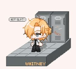 Rule 34 | 1boy, animated, black pants, blonde hair, degrees of lewdity, english text, hair over one eye, locker, looping animation, necktie, pants, pixel art, shirt, speech bubble, standing, tagme, video, white shirt, whitney (degrees of lewdity)