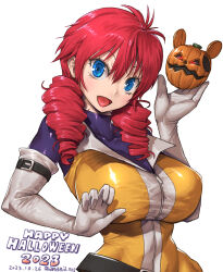 Rule 34 | 1girl, amania orz, belt, blue eyes, bodysuit, breasts, cleavage, dated, drill hair, feldt grace, gloves, gundam, gundam 00, halloween, haro, impossible clothes, jack-o&#039;-lantern, large breasts, looking at viewer, pink hair, pumpkin, shiny clothes, short hair, simple background, sleeves past elbows, smile, solo, twintails, twitter username, upper body, white background, yellow bodysuit