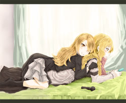 Rule 34 | 2girls, black coat, black gloves, blonde hair, blush, closed mouth, coat, commentary request, cookie (touhou), full body, gloves, haiperion buzan, holding, indoors, kirisame marisa, letterboxed, long hair, long sleeves, looking at viewer, mars (cookie), microphone, multiple girls, nintendo switch, on bed, on person, open mouth, red scarf, rei (cookie), scarf, smile, split mouth, touhou, yellow eyes
