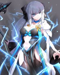 Rule 34 | 1girl, absurdres, black bow, black dress, black footwear, blue eyes, boots, bow, braid, breasts, center opening, cleavage, dress, fate/grand order, fate (series), french braid, grey hair, hair bow, highres, huge filesize, large breasts, lightning, long hair, long sleeves, looking at viewer, m.tokotsu, morgan le fay (fate), pelvic curtain, polearm, ponytail, sidelocks, solo, spear, thigh boots, thighhighs, thighs, two-tone dress, very long hair, weapon, white dress, wide sleeves