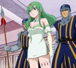 Rule 34 | 1girl, 2boys, breasts, cleavage, dress, earrings, fairy tail, gloves, green eyes, green hair, hisui e. fiore, jewelry, large breasts, multiple boys, necklace, third-party edit, tiara