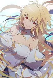 Rule 34 | 1girl, absurdres, archetype earth, arcueid brunestud, bare shoulders, blonde hair, blue skirt, breasts, cleavage, detached collar, detached sleeves, dress, fate/grand order, fate (series), highres, large breasts, layered skirt, long hair, long skirt, red eyes, skirt, smile, solo, toyosu, tsukihime, very long hair, white dress