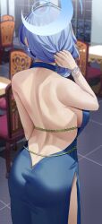 Rule 34 | 1girl, absurdres, ako (blue archive), ako (dress) (blue archive), ass, back, backless dress, backless outfit, blue archive, blue dress, blue hair, bracelet, breasts, chair, dress, facing away, from behind, haerge, hairband, halo, highres, jewelry, large breasts, medium hair, night, night sky, official alternate costume, side slit, simple background, sky, solo, sparkle, table, tile floor, tiles, window