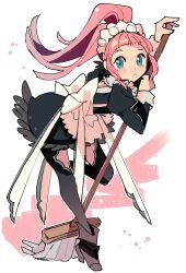 Rule 34 | 1girl, :&lt;, apron, black dress, black footwear, black thighhighs, blue eyes, blunt bangs, blush, broom, commentary request, dress, feather trim, felicia (fire emblem), fire emblem, fire emblem fates, floating hair, full body, high heels, highres, holding, holding broom, juliet sleeves, kurimori, long hair, long sleeves, looking at viewer, maid, maid headdress, nintendo, pink hair, ponytail, puffy sleeves, shoes, sidelocks, simple background, solo, standing, standing on one leg, straight hair, tearing up, thighhighs, waist apron, white apron