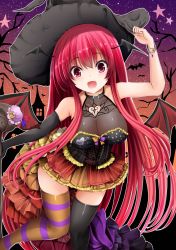 Rule 34 | 1girl, :d, alternate costume, arm up, asymmetrical legwear, bare shoulders, bat (animal), bat wings, bracelet, breasts, buckle, cleavage, commentary request, corset, crescent, crescent pin, elbow gloves, fang, gloves, halloween, hand on headwear, hat, head wings, highres, house, jewelry, kitora (kisekinonameko), koakuma, large breasts, long hair, low wings, mob cap, open mouth, outdoors, red eyes, red hair, sidelocks, single elbow glove, skindentation, skirt, sky, sleeveless, smile, solo, star (sky), star (symbol), starry sky, striped clothes, striped thighhighs, thighhighs, touhou, tree, uneven legwear, very long hair, wings, witch hat, zettai ryouiki