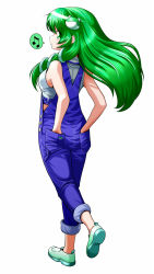 Rule 34 | 1girl, alternate costume, bad id, bad pixiv id, bare shoulders, beamed quavers, breasts, female focus, frog hair ornament, from behind, green eyes, green hair, hair ornament, hands in pockets, highres, kochiya sanae, long hair, looking at viewer, looking back, musical note, no socks, nukarumi noren, overalls, pants, pants rolled up, sideboob, simple background, speech bubble, spoken musical note, tank top, touhou, walking away, white background