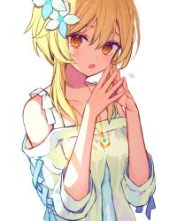Rule 34 | 1girl, :o, blonde hair, breasts, chiroron, dress, flower, genshin impact, hair between eyes, hair flower, hair ornament, highres, jewelry, lumine (genshin impact), necklace, open mouth, short sleeves, sleeveless, small breasts, white background, white dress, yellow eyes