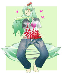 Rule 34 | 1girl, :3, aduman, alternate costume, bad anatomy, bad feet, bad id, bad pixiv id, barefoot, clothes writing, contemporary, ex-keine, female focus, ganmen2525, green hair, heart, horn ornament, horn ribbon, horns, kamishirasawa keine, long hair, naughty face, panties, pants, poorly drawn, rape face, red eyes, ribbon, shirt, smirk, solo, striped clothes, striped panties, t-shirt, tail, tail wagging, touhou, underwear, unzipped, you gonna get raped