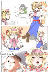 Rule 34 | 1boy, 2girls, ^ ^, alice margatroid, arms behind back, baby, blonde hair, blue eyes, bow, capelet, closed eyes, comic, commentary request, covering own eyes, crossed legs, crying, cup, dragonforce, dress, emphasis lines, english text, faceless, faceless female, flying sweatdrops, hair bow, hair ribbon, hairband, highres, holding, holding cup, kuranosuke, lolita hairband, multiple girls, music, open mouth, ribbon, saliva, saliva trail, short hair, singing, sitting, smile, touhou, what