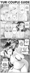 Rule 34 | ..., 3koma, 6+girls, absurdres, and so they were both bottoms (meme), anger vein, angry, awkward, bed, bed sheet, bedroom, blush, breasts, closed mouth, comic, convenient censoring, emphasis lines, english text, greyscale, grs-, hair censor, heart, highres, large breasts, long hair, looking to the side, medium breasts, meme, monochrome, multiple girls, navel, open mouth, original, panties, pillow, profanity, right-to-left comic, shared speech bubble, short hair, shouting, speech bubble, spoken ellipsis, sweat, teeth, topless, underwear, upper teeth only, wrestling, yuri