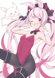 Rule 34 | 1girl, ;d, absurdres, animal ears, black footwear, black pantyhose, black ribbon, blush, boots, breasts, detached collar, double v, hair ribbon, highres, indie virtual youtuber, leotard, long hair, looking at viewer, neck ribbon, one eye closed, open mouth, pantyhose, pink eyes, pink hair, playboy bunny, rabbit, rabbit ears, rabbit girl, rabbit tail, red leotard, ribbon, simple background, small breasts, smile, solo, strapless, strapless leotard, tail, taraneko miso, thick eyebrows, thigh boots, tomari mari, twintails, v, very long hair, virtual youtuber, white background, wrist cuffs