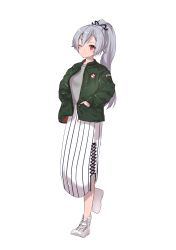 Rule 34 | 1girl, absurdres, casual, fate/grand order, fate (series), full body, halterneck, hands in pockets, hane yuki, highres, jacket, long skirt, one eye closed, ponytail, red eyes, shoes, silver hair, simple background, skirt, smile, sneakers, solo, tomoe gozen (fate), white background