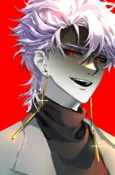 Rule 34 | 1boy, 52s2iii, black sweater, commentary request, earrings, grey jacket, highres, jacket, jewelry, korean commentary, male focus, open clothes, open jacket, open mouth, portrait, purple hair, red background, red eyes, saibou shinkyoku, shaded face, short hair, simple background, smile, solo, sweater, teeth, theodore riddle, turtleneck, turtleneck sweater, upper teeth only