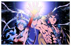 Rule 34 | 1boy, 1girl, abs, arms up, artemis (fate), artemis (third ascension) (fate), bara, bare pectorals, bare shoulders, blue eyes, breasts, brown hair, dress, fate/grand order, fate (series), gloves, glowing, glowing eyes, gradient hair, jewelry, large breasts, large pectorals, long hair, long sleeves, looking at viewer, manly, moon, multicolored hair, muscular, night27260, open clothes, orion (bear) (fate), pectorals, sparkle, super orion (fate), thick eyebrows, topless male, upper body, white hair
