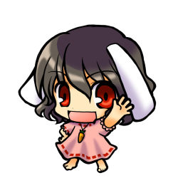 Rule 34 | 1girl, animal ears, barefoot, black hair, chibi, female focus, full body, inaba tewi, rabbit ears, red eyes, simple background, socha, solo, standing, touhou, white background