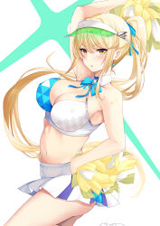 Rule 34 | 1girl, alternate hairstyle, arm up, armpit crease, armpits, bare shoulders, blonde hair, blue bow, blue bowtie, bow, bowtie, breasts, cheerleader, cleavage, copyright name, cowboy shot, daive, dangle earrings, detached collar, earrings, hair between eyes, hair bow, highres, jewelry, large breasts, long hair, looking at viewer, midriff, mythra (xenoblade), navel, open mouth, pleated skirt, pom pom (clothes), ponytail, sidelocks, skirt, solo, swept bangs, thighs, very long hair, visor cap, white background, white skirt, xenoblade chronicles (series), xenoblade chronicles 2, yellow eyes