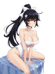Rule 34 | 1girl, absurdres, ankkoyom, azur lane, bad id, bad pixiv id, bare shoulders, black hair, blush, bow, breasts, casual one-piece swimsuit, cleavage, clothing cutout, criss-cross halter, hair bow, hair flaps, hair ornament, halterneck, highres, large breasts, long hair, looking at viewer, navel cutout, one-piece swimsuit, ponytail, simple background, sitting, solo, swimsuit, takao (azur lane), takao (beach rhapsody) (azur lane), white bow, white one-piece swimsuit, yellow eyes